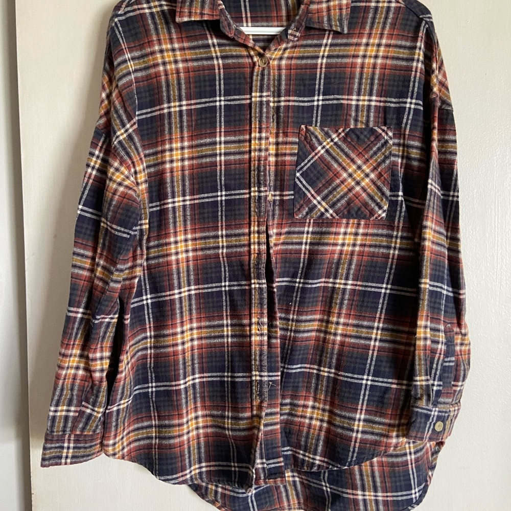 Ardene Navy Plaid Button-Down Shirt with Orange and Cream Accents